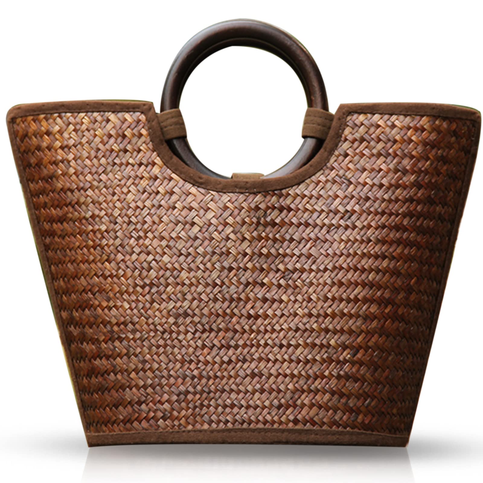 QTKJ Straw Bag for Women, Summer Beach Handmade Rattan Tote Bag, Round Wooden Handle, Boho Retro Straw Woven Handbag, Large Beach Bag for Vacation (Brown)