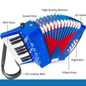 Accordion, 17 Keys Piano Accordion 8 Bass with Straps for Beginners Kids Student Educational Musical Instrument (Blue)