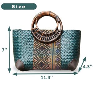 QTKJ Beach Bag for Women, Handmade Rattan Tote Bag, Round Bamboo Handle, Boho Retro pattern Straw Woven Handbag, Large Summer Beach Vacation Bag (Blue)