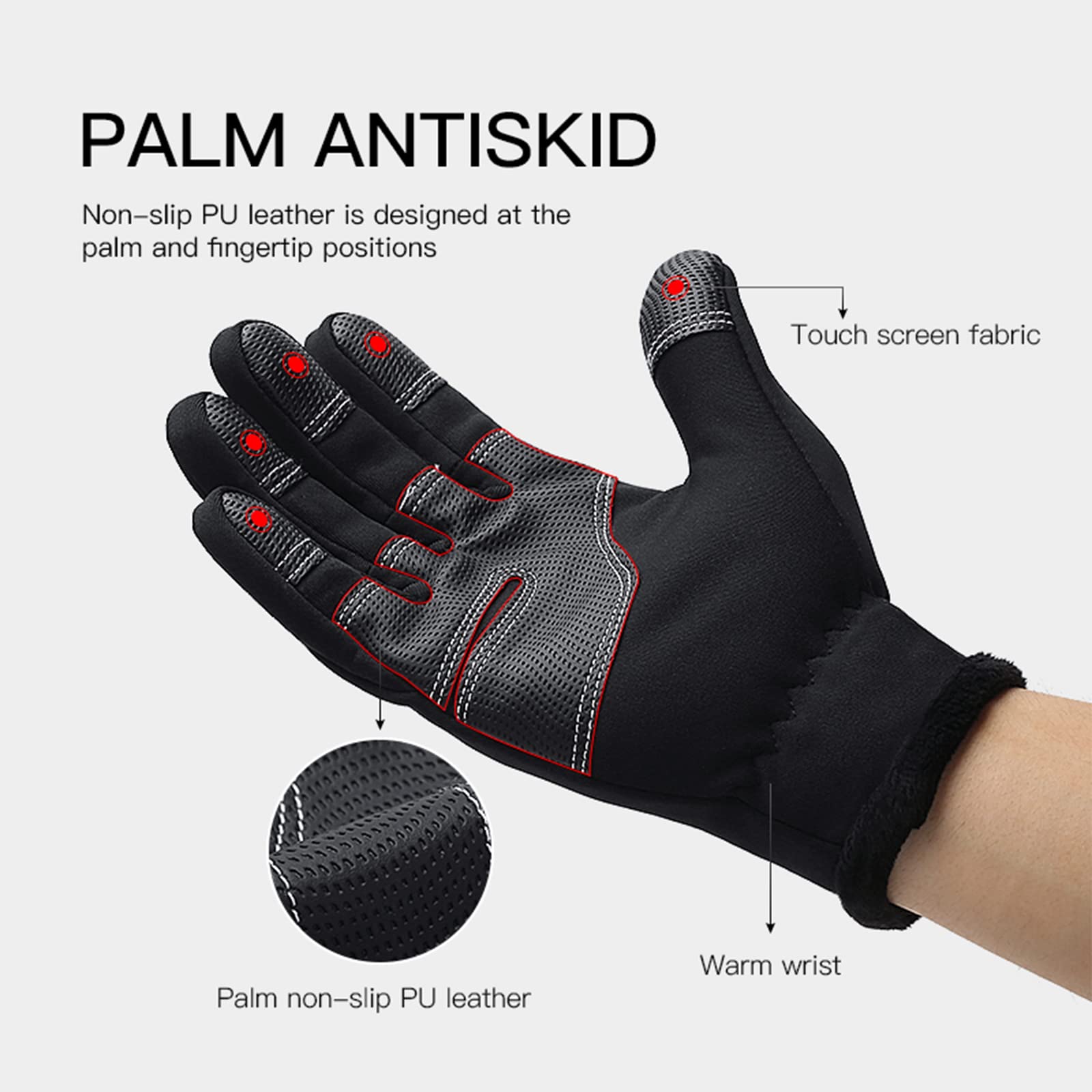 TEMEI Winter Warm Gloves Men Women Touch Screen Waterproof Windproof Non-Slip Grips Glove, for Cycling Driving Running Hiking (Black, Medium)