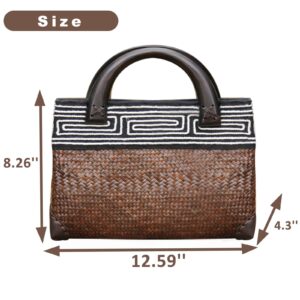 QTKJ Straw Bag, Beach Bag for Women, Handmade Rattan Handbag, Boho Retro Woven Tote Bag Round Wooden Handle, Summer Bag for Beach Vacation Daily