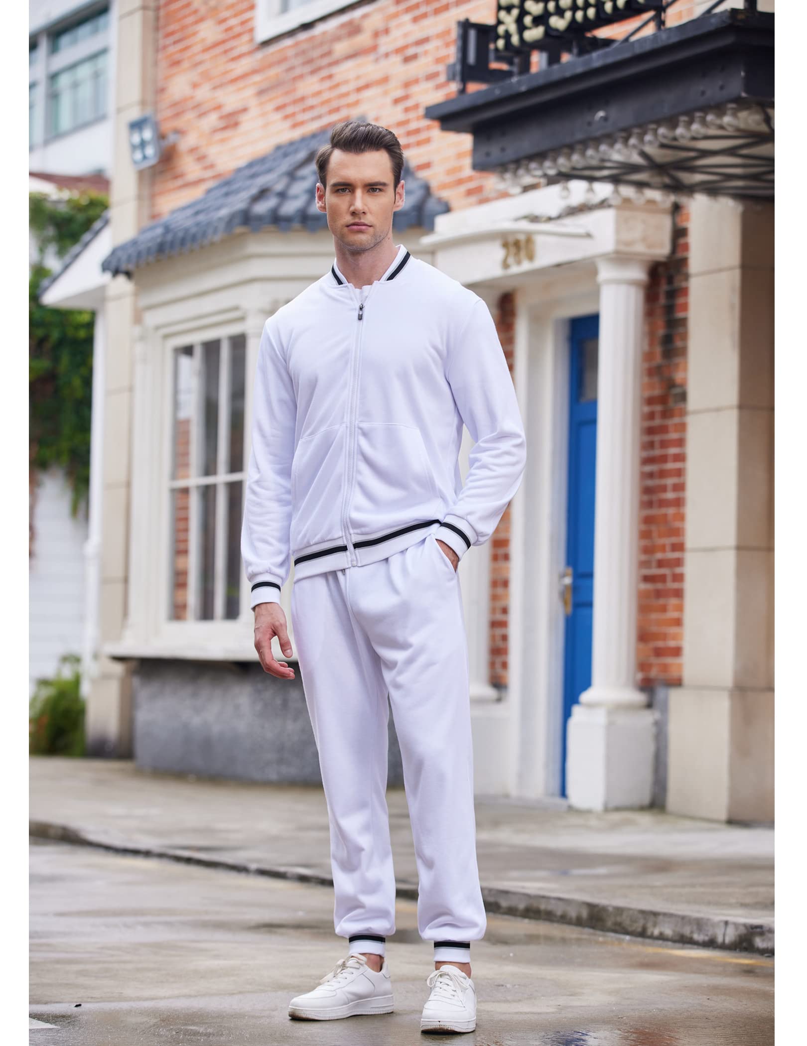 COOFANDY Sweatsuit For Men Long Sleeve Casual Athletic Tracksuits Zipper Exercise Jacket and Pants Sets White