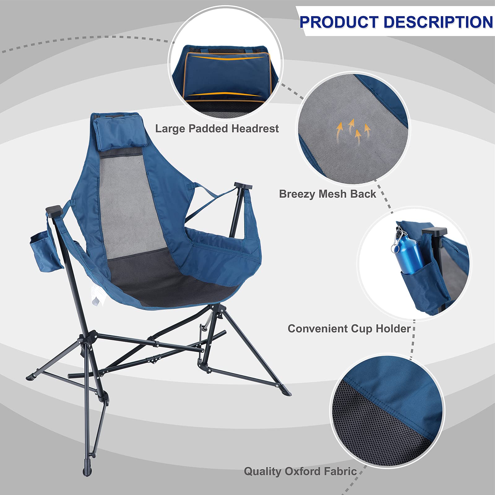 LET'S CAMP Hammock Chair Portable Camping Chair Oversized Folding Rocking Chair with Headrest and Cup Holder for Travel, Picnic, Patio, Fishing, Supports 300lbs