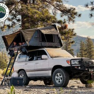 Overland Vehicle Systems Bushveld II Hard Shell Clam Shell Roof Top Tent with Aluminum Base Dark Grey Body and Green Rainfly - 2 Person Tent - Four Seasons Ready