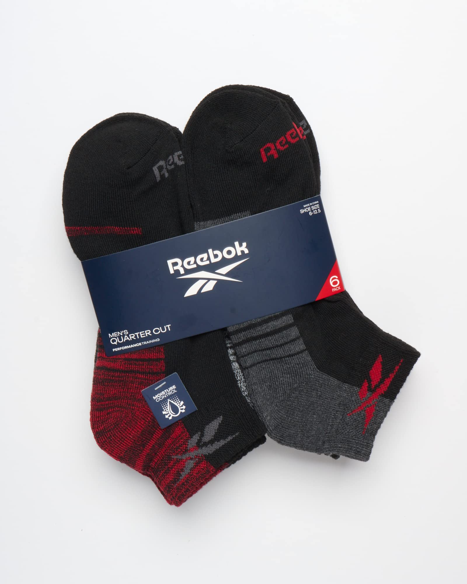 Reebok Men’s Quarter Socks – 6 Pack Cushion Quarter Cut Ankle Socks for Men - Breathable Men's Athletic Socks (Size: 6-12.5), Size 6-12.5, Red/Black