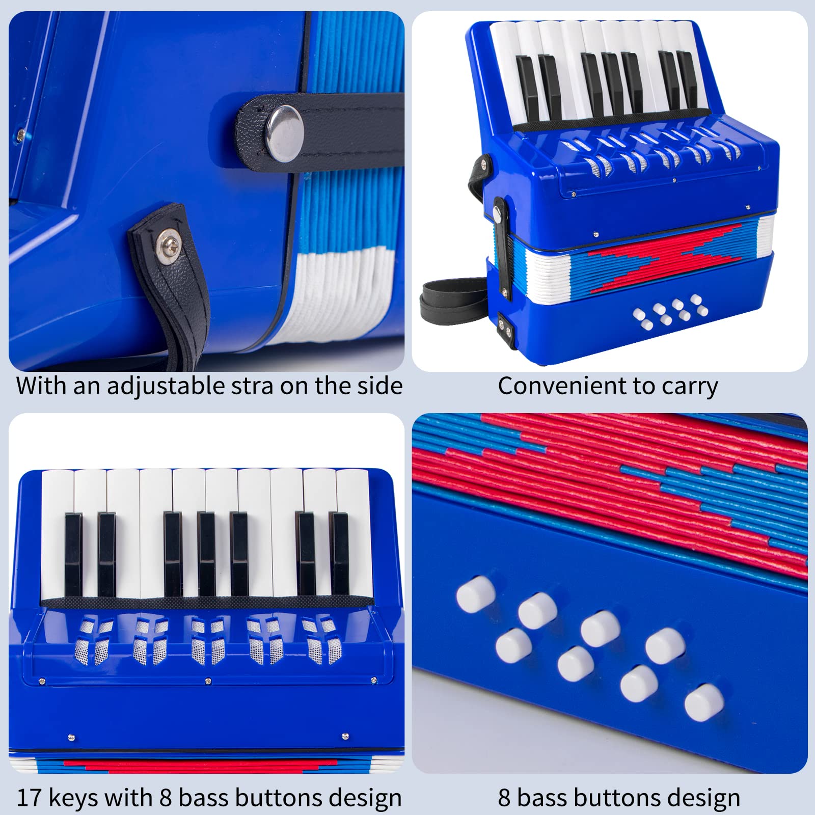 Accordion, 17 Keys Piano Accordion 8 Bass with Straps for Beginners Kids Student Educational Musical Instrument (Blue)