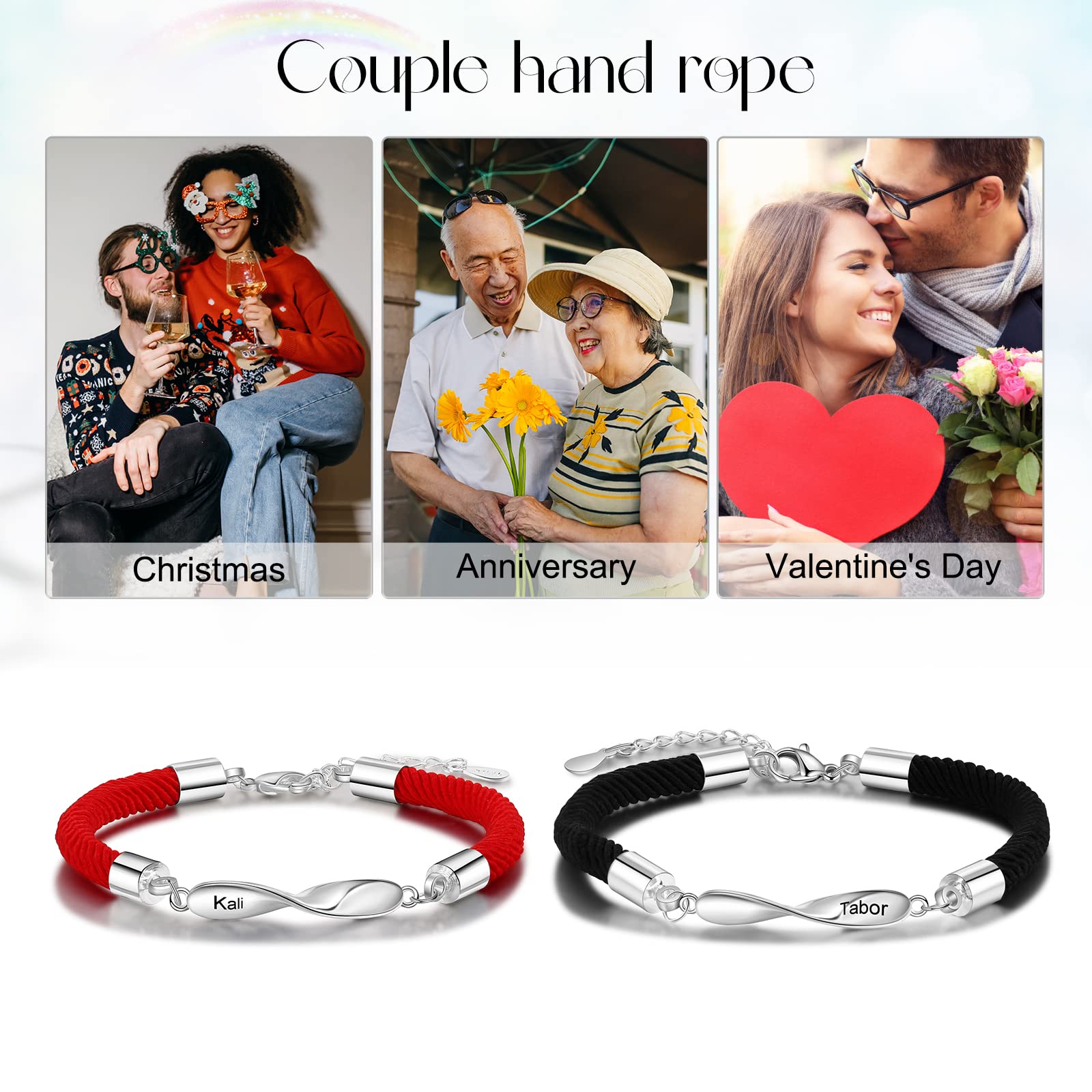 Personalized Custom Name Matching Bracelets for Couples His and Hers Bracelets for Valentine's Day Boyfriend and Girlfriend Mobius Bracelets (black and red)