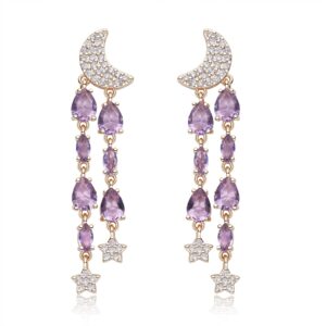 Metmolley Teardrop Crystal Dangle Earrings Tassel Moon and Star Earrings for Women (Purple)