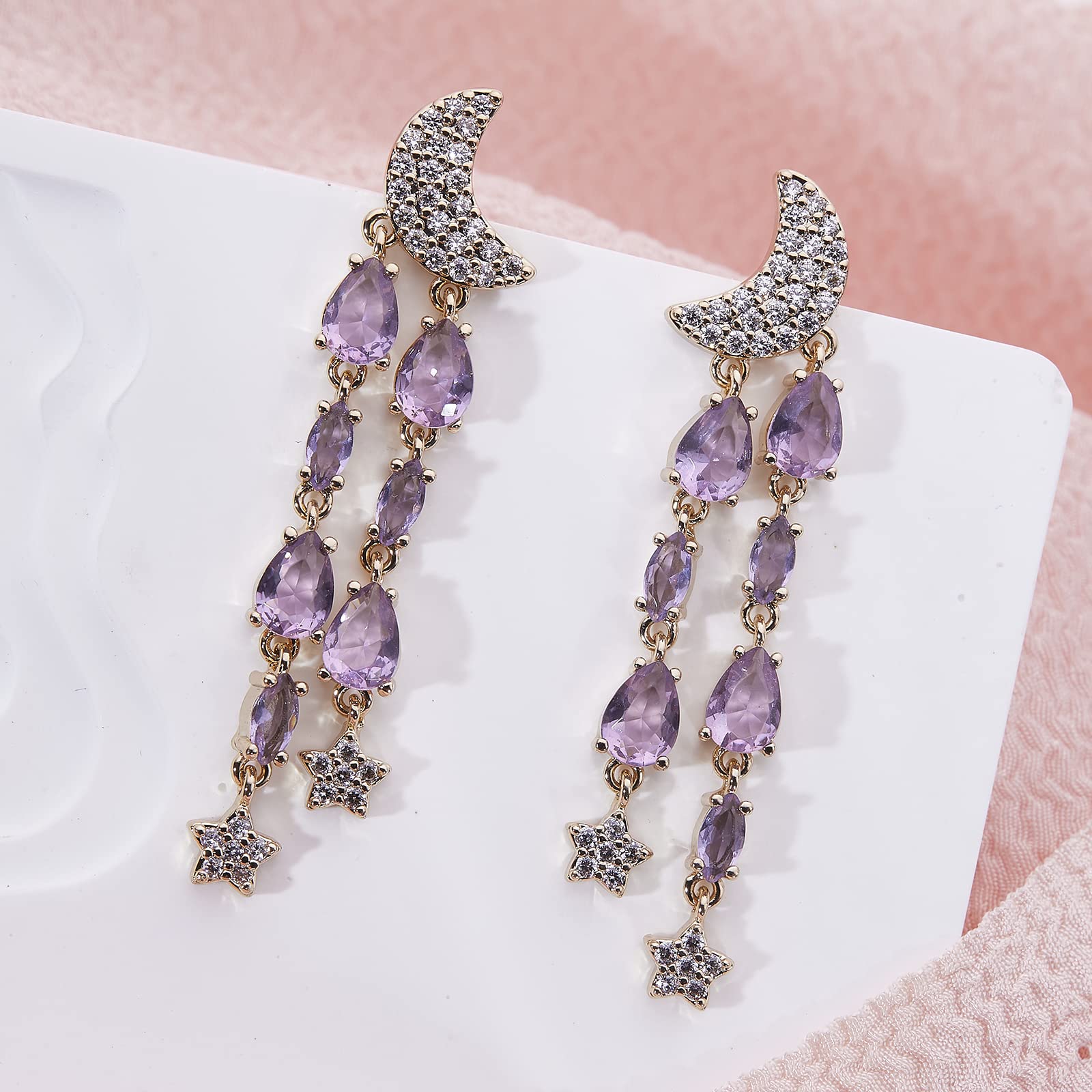 Metmolley Teardrop Crystal Dangle Earrings Tassel Moon and Star Earrings for Women (Purple)