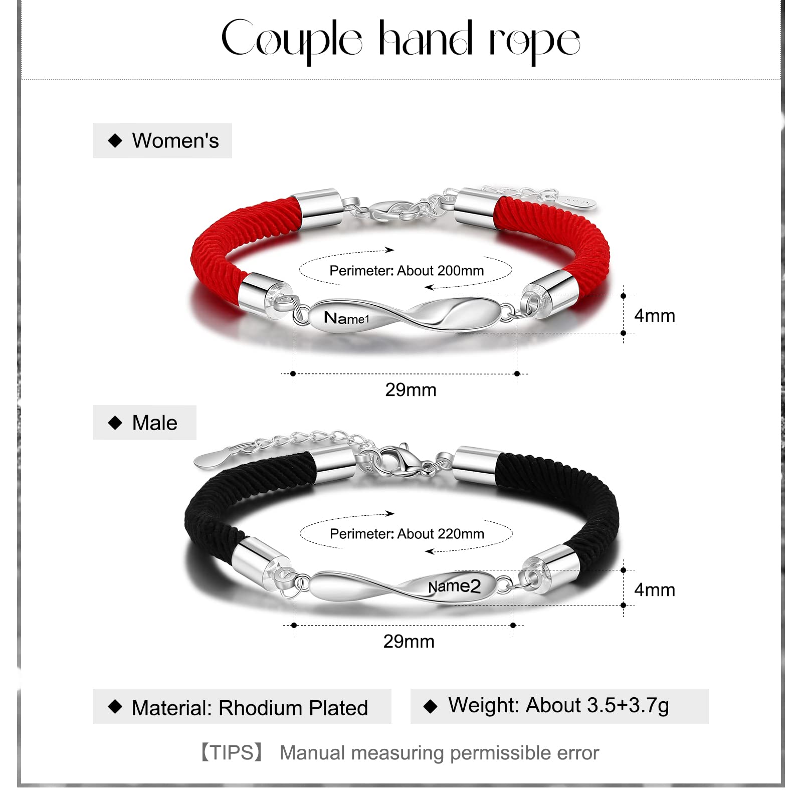 Personalized Custom Name Matching Bracelets for Couples His and Hers Bracelets for Valentine's Day Boyfriend and Girlfriend Mobius Bracelets (black and red)