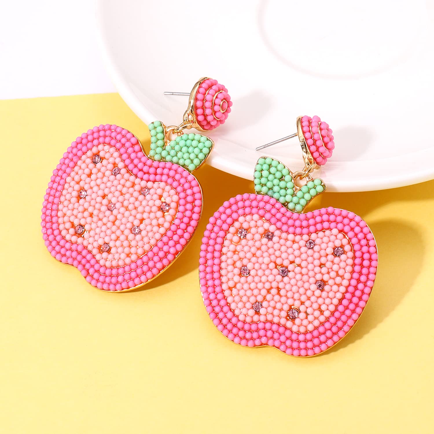 Beaded Teacher Earrings for Women, Apple Teach love Inspire Rhinestone Enamel Drop Dangle Earrings Colorful Creative Cute Teachers Appreciation Day Back To School Jewelry Gifts