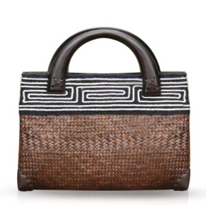 QTKJ Straw Bag, Beach Bag for Women, Handmade Rattan Handbag, Boho Retro Woven Tote Bag Round Wooden Handle, Summer Bag for Beach Vacation Daily