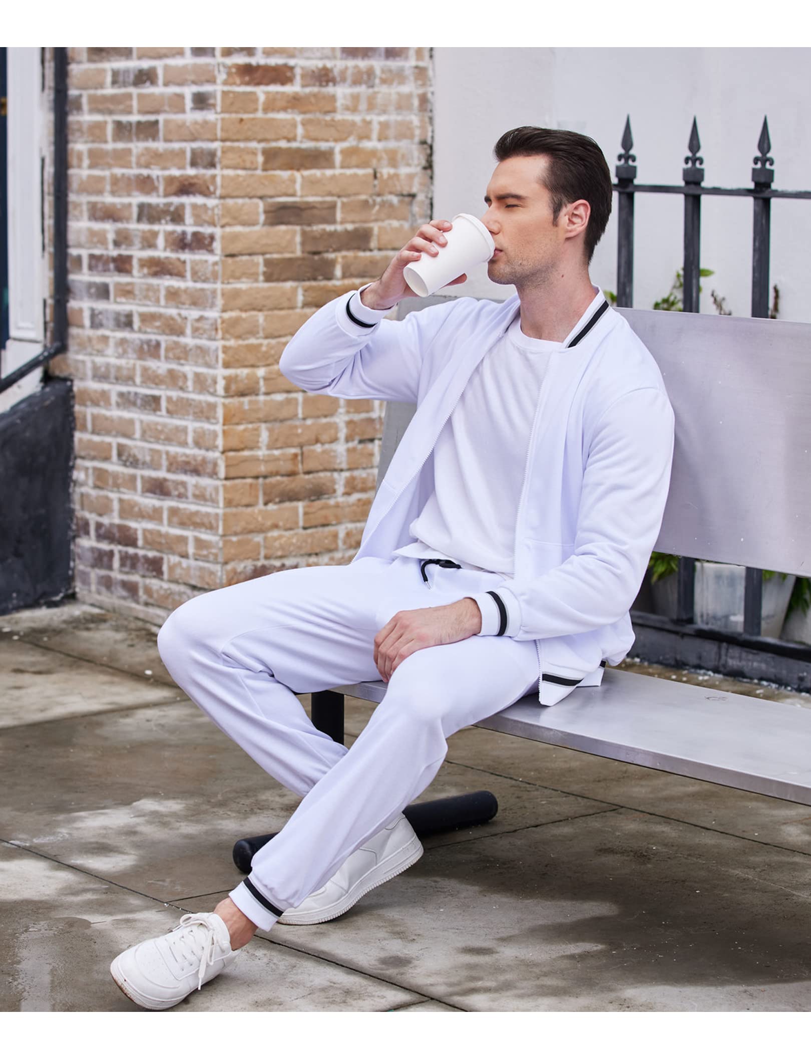 COOFANDY Sweatsuit For Men Long Sleeve Casual Athletic Tracksuits Zipper Exercise Jacket and Pants Sets White