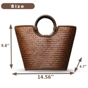 QTKJ Straw Bag for Women, Summer Beach Handmade Rattan Tote Bag, Round Wooden Handle, Boho Retro Straw Woven Handbag, Large Beach Bag for Vacation (Brown)