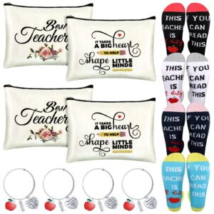 12 Pcs Teacher Appreciation Gifts Set, 4 Teacher Off Duty Socks, 4 Travel Cosmetic Pouch Makeup Bags, 4 Teacher Bracelet Expandable Bangle Funny Teacher Gifts Graduation Holiday Favors