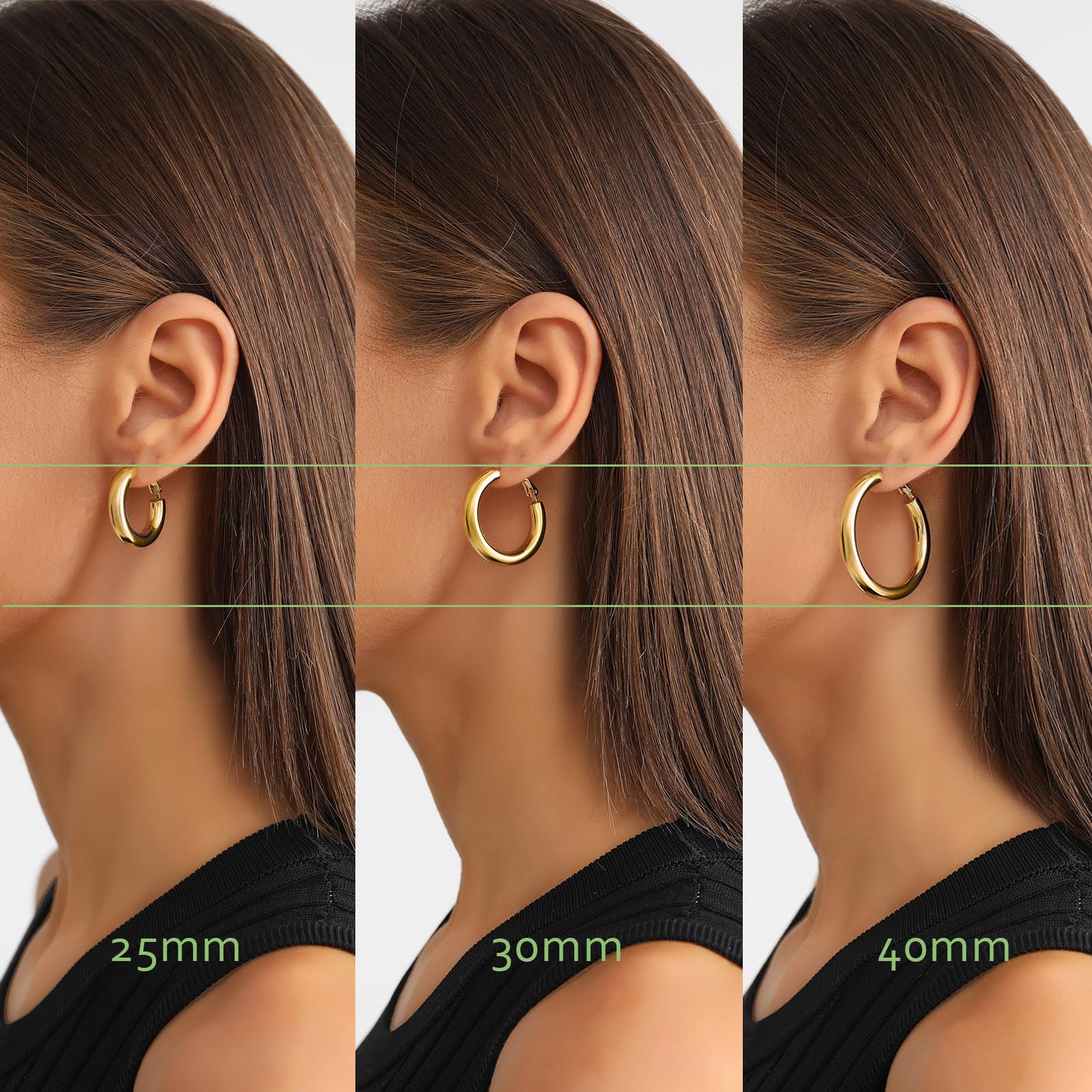 Thick Gold Hoop Earrings for Women, 18K Real Gold Plated 925 Sterling Silver Post Small Chunky Hoops Earrings, Hypoallergenic Big Large Statement Tube Design Earring Gift 25mm