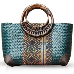 qtkj beach bag for women, handmade rattan tote bag, round bamboo handle, boho retro pattern straw woven handbag, large summer beach vacation bag (blue)