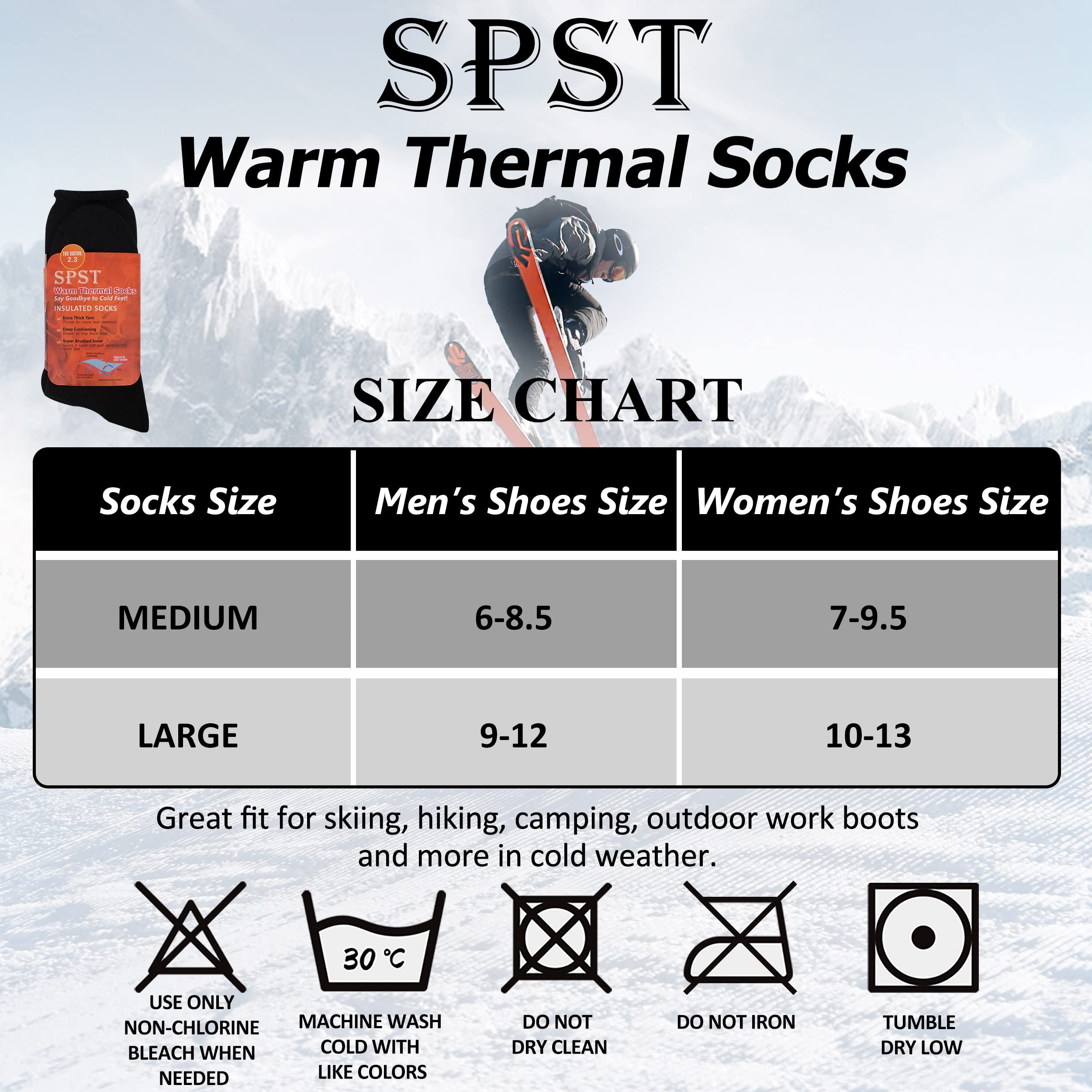 SPST Fuzzy Warm Thermal Socks for Cold Weather, Unisex Winter Stocking Thick Insulated Heated Fur Lined Seamless Outdoor Skiing Camping Hiking Hunting Crew Boot Socks, 2 Pair Black & Dark Grey M