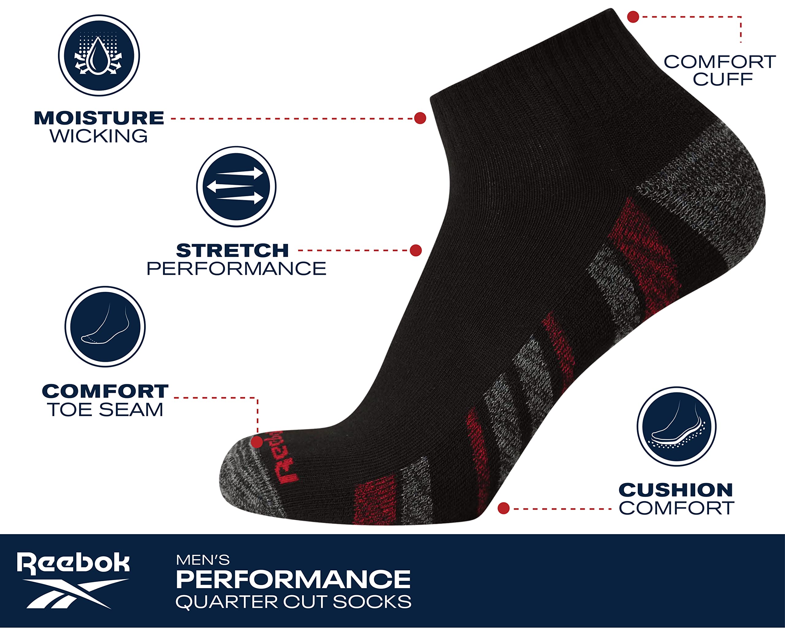 Reebok Men's Quarter Socks - 12 Pack Performance Cushion Comfort Socks - Breathable Athletic Ankle Socks for Men (6-12.5), Size 6-12.5, Red/Black