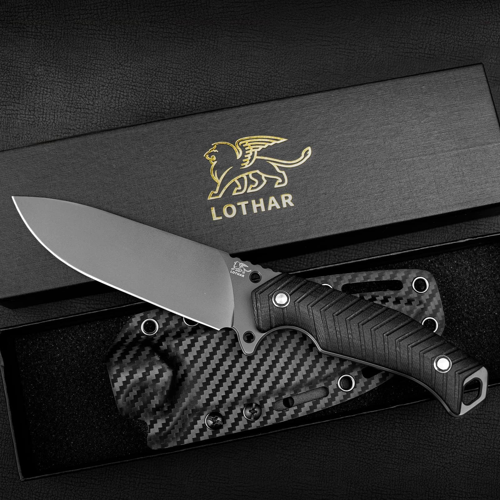 LOTHAR BAT Survival Knife with Fire Starter, Full Tang D2 Steel Fixed Blade Knife with G10 Handle, Tactical Hunting Knives with Kydex Sheath, Camping Knife, Bushcraft Knife, Gifts For Men