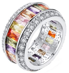 vpkjewelry 18k gold plated rainbow ring wedding band for women ladies emerald cut multi color created-gemstone eternity ring (multicolor, 9)