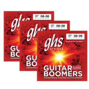 ghs strings guitar boomers, nickel plated electric guitar strings, gbul set - ultra light (.008-.038), 3 sets of gbul