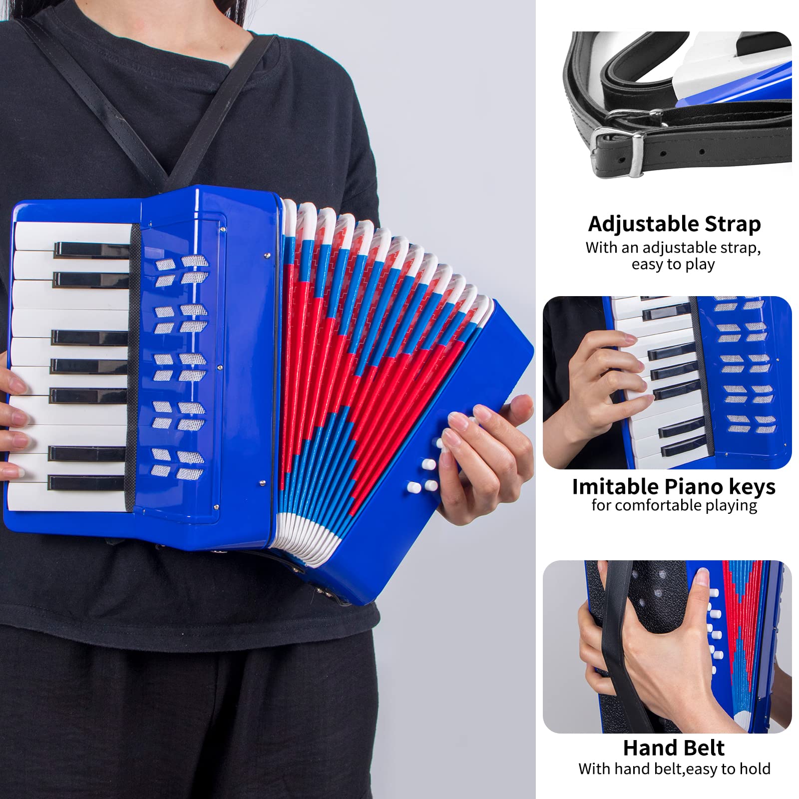 Accordion, 17 Keys Piano Accordion 8 Bass with Straps for Beginners Kids Student Educational Musical Instrument (Blue)