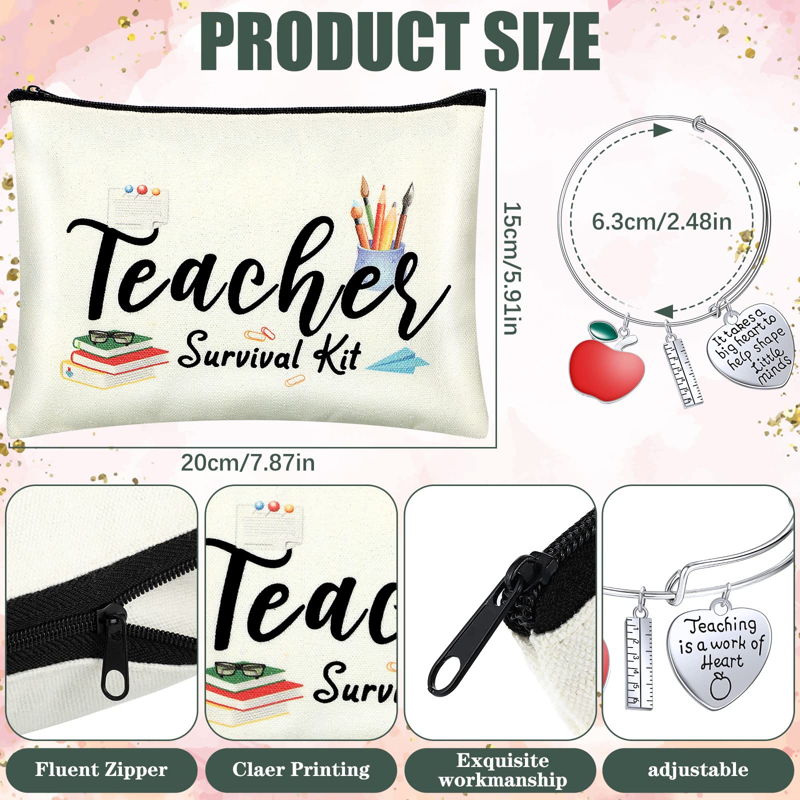 12 Pcs Teacher Appreciation Gifts Set, 4 Teacher Off Duty Socks, 4 Travel Cosmetic Pouch Makeup Bags, 4 Teacher Bracelet Expandable Bangle Funny Teacher Gifts Graduation Holiday Favors