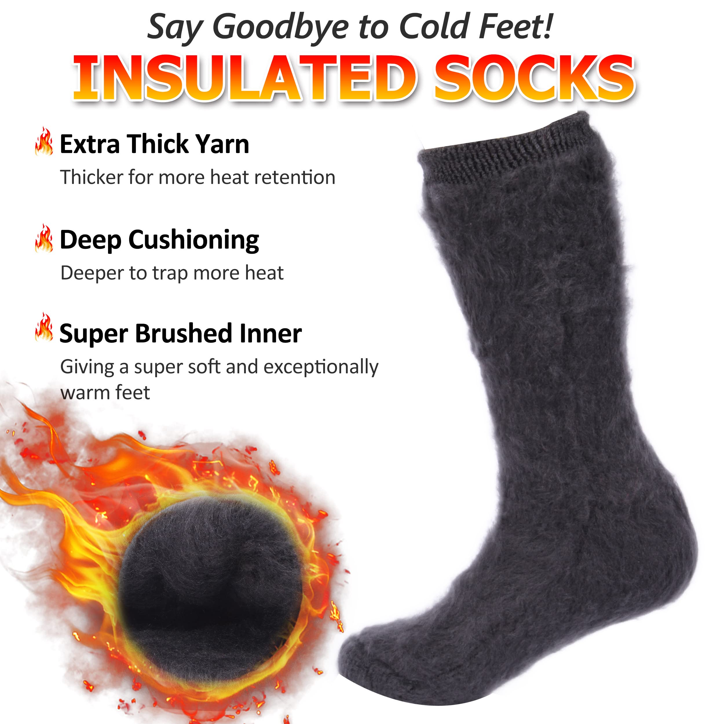 SPST Fuzzy Warm Thermal Socks for Cold Weather, Unisex Winter Stocking Thick Insulated Heated Fur Lined Seamless Outdoor Skiing Camping Hiking Hunting Crew Boot Socks, 2 Pair Black & Dark Grey M