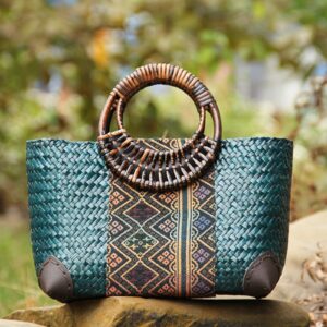 QTKJ Beach Bag for Women, Handmade Rattan Tote Bag, Round Bamboo Handle, Boho Retro pattern Straw Woven Handbag, Large Summer Beach Vacation Bag (Blue)