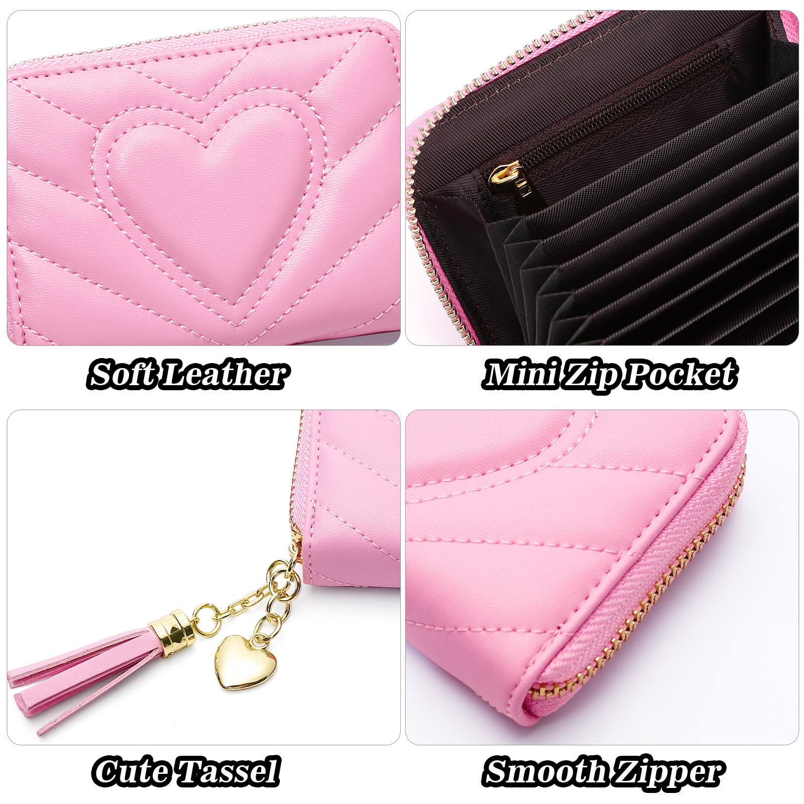 AUNER LEATHER Quilted Leather Small Wallet for Women, RFID Blocking Credit Card Holder Wallet, Pink