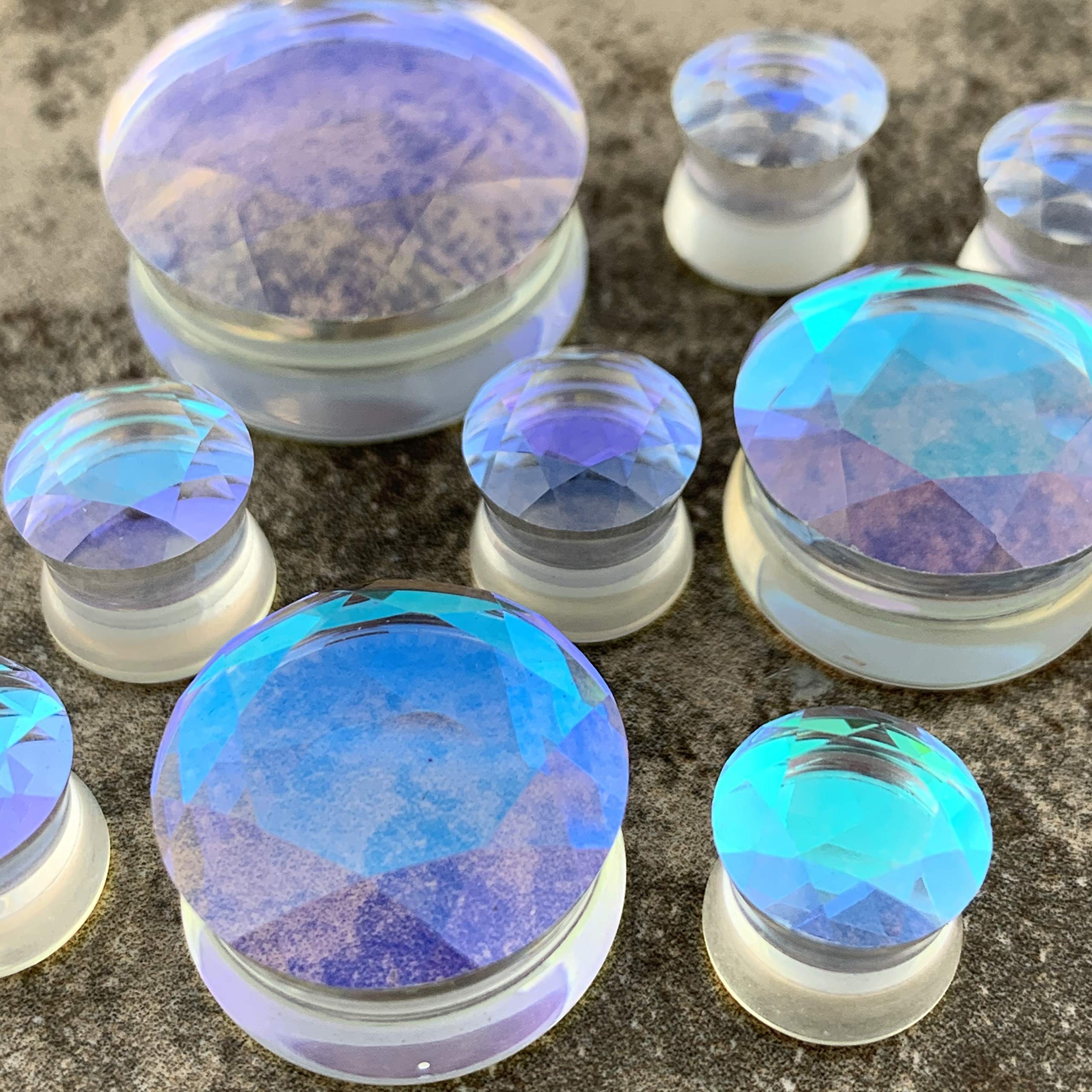 Mystic Metals Body Jewelry Pair of Aurora Borealis Iridescent Faceted Double Flare Glass Plugs (PG-553) (3/4" (19mm))