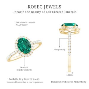 Rosec Jewels Lab Grown Emerald Diamond Oval Engagement Ring, AAAA Quality, Certified 6X8mm Oval Emerald Halo Engagement Ring, 14K Yellow Gold, Size:US 7.00