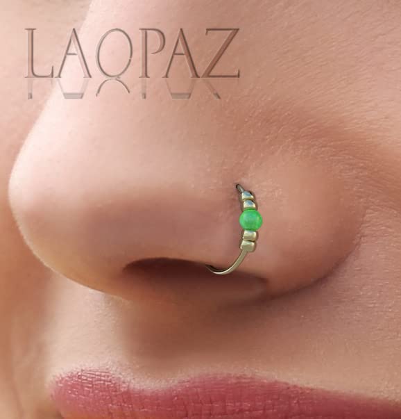 LAOPAZ Nose Ring With Opal 24G, 14K Gold Filled Nose Ring Hoop Green Opal, tiny nose piercing, beaded nose ring 7mm…