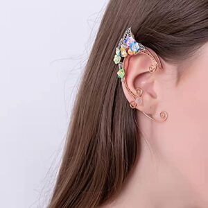 Elf Ear Cuffs for Women, Colorful Flowers Clip-on Earrings, Handmade Cuffs Wrap for Fairy Halloween Costume, Cosplay, Wedding