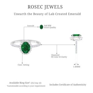 Rosec Jewels Lab Grown Emerald Diamond Oval Engagement Ring, AAAA Quality, Certified 6X8mm Oval Emerald Halo Engagement Ring, 14K Yellow Gold, Size:US 7.00