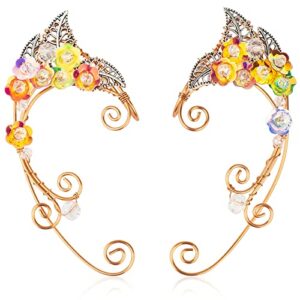 Elf Ear Cuffs for Women, Colorful Flowers Clip-on Earrings, Handmade Cuffs Wrap for Fairy Halloween Costume, Cosplay, Wedding