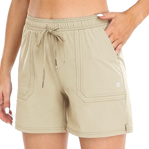 YAMXDM Women's Hiking Shorts, Golf Running Shorts Quick Dry Workout Summer Sports Shorts with Lightweight Pocket Khaki