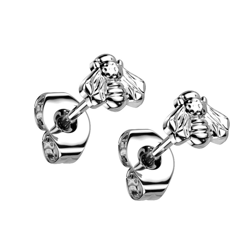 Pierced Owl 20GA G23 Implant Grade Titanium Threadless Push-in Bee Top Stud Earrings, Sold as a Pair (Silver Tone)