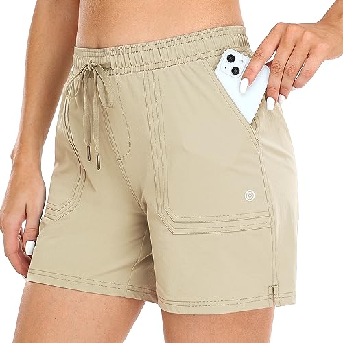 YAMXDM Women's Hiking Shorts, Golf Running Shorts Quick Dry Workout Summer Sports Shorts with Lightweight Pocket Khaki