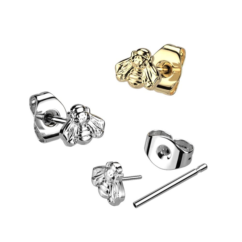 Pierced Owl 20GA G23 Implant Grade Titanium Threadless Push-in Bee Top Stud Earrings, Sold as a Pair (Silver Tone)