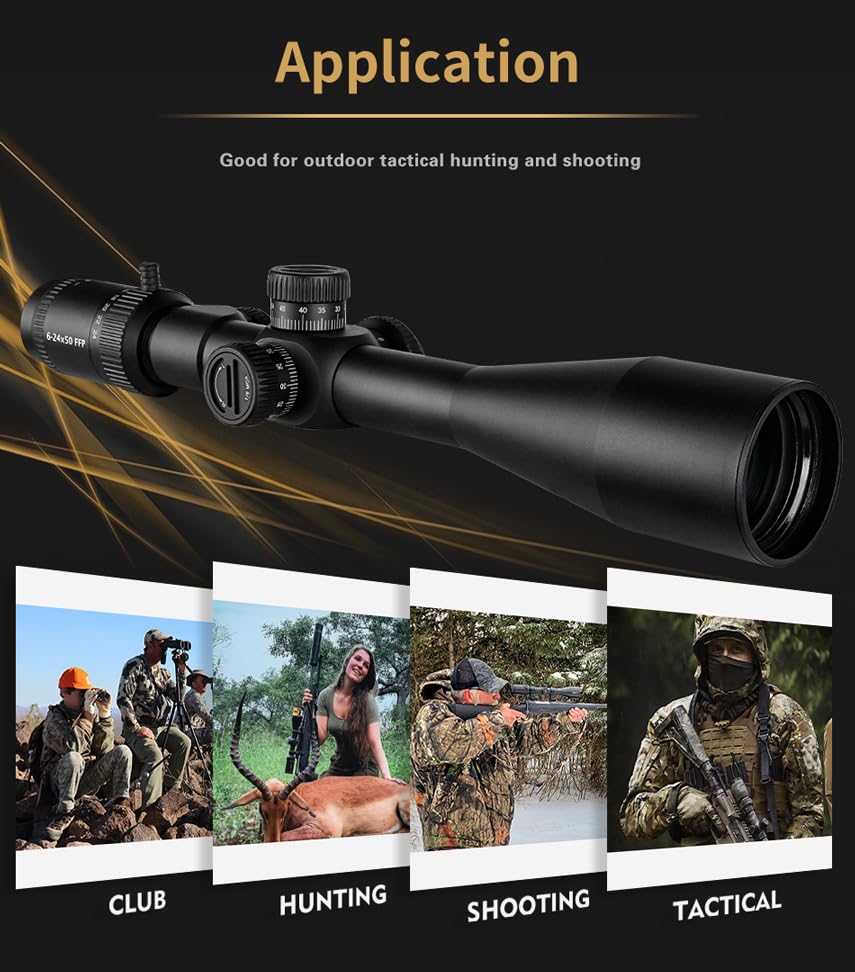 SPINA OPTICS 6-24x50 FFP First Focal Plane Riflescopes with Mil-dot Reticle and Parallax Adjustment, Sunshade Included, Waterproof, Fogproof Black Rifle Scope, 30mm Tube (with 11mm mounts)