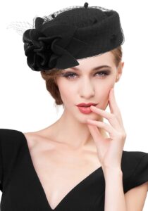 z&x wool felt veil fascinator pillbox hats for women winter tea party church derby hat flower beret fedoras black, one size