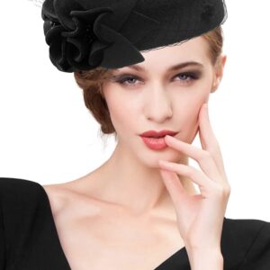 Z&X Wool Felt Veil Fascinator Pillbox Hats for Women Winter Tea Party Church Derby Hat Flower Beret Fedoras Black, One Size