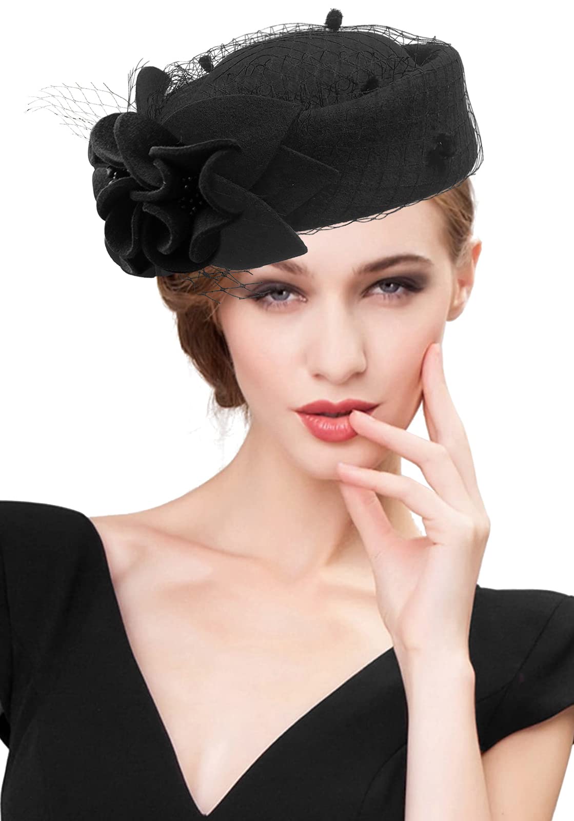 Z&X Wool Felt Veil Fascinator Pillbox Hats for Women Winter Tea Party Church Derby Hat Flower Beret Fedoras Black, One Size