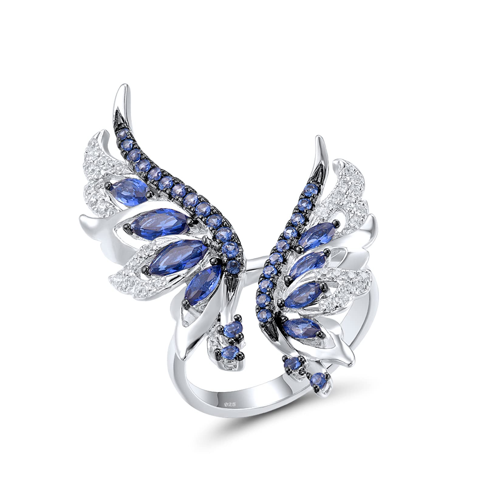 Santuzza 925 Sterling Silver Blue Wings Ring Blue Nano Cubic Zirconia Angel Wing Ring for Women (8)