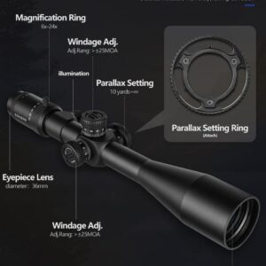 SPINA OPTICS 6-24x50 FFP First Focal Plane Riflescopes with Mil-dot Reticle and Parallax Adjustment, Sunshade Included, Waterproof, Fogproof Black Rifle Scope, 30mm Tube (with 11mm mounts)