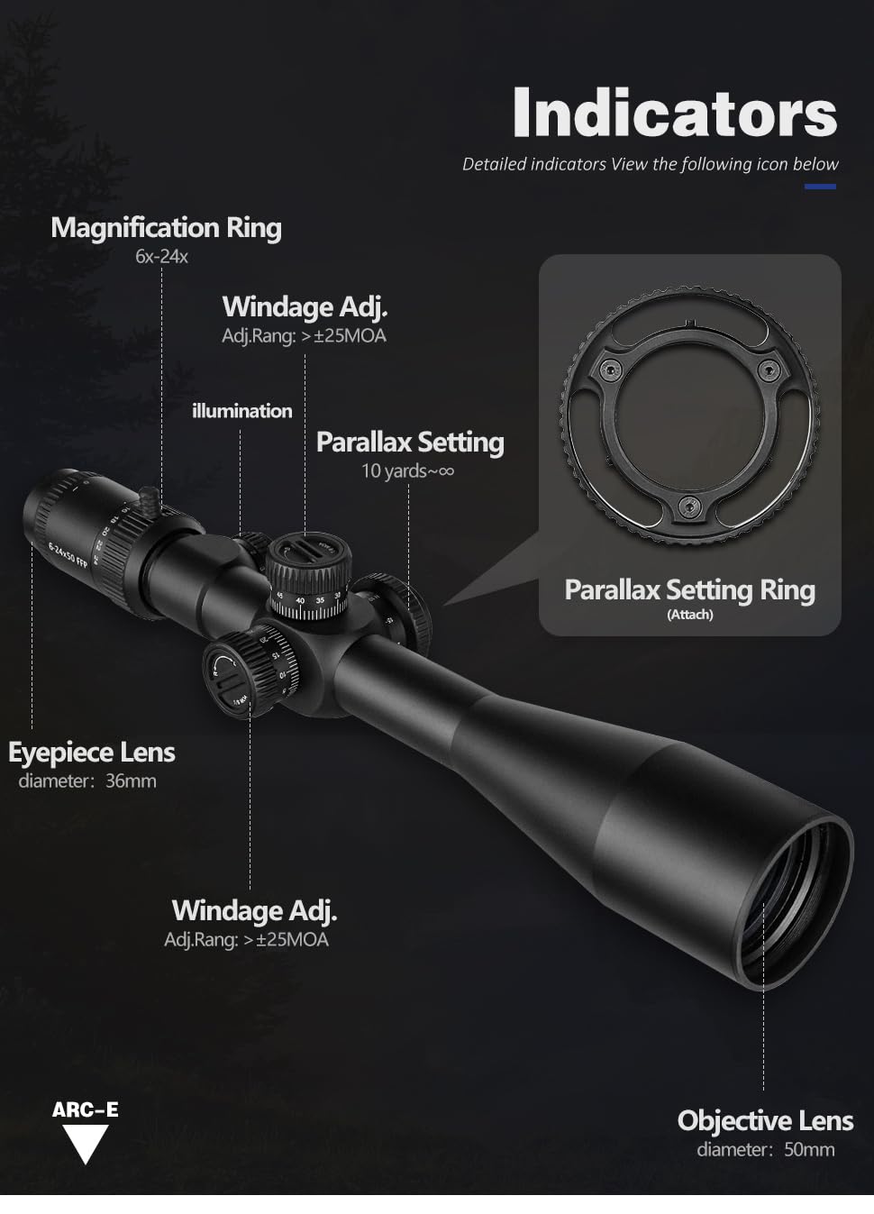 SPINA OPTICS 6-24x50 FFP First Focal Plane Riflescopes with Mil-dot Reticle and Parallax Adjustment, Sunshade Included, Waterproof, Fogproof Black Rifle Scope, 30mm Tube (with 11mm mounts)