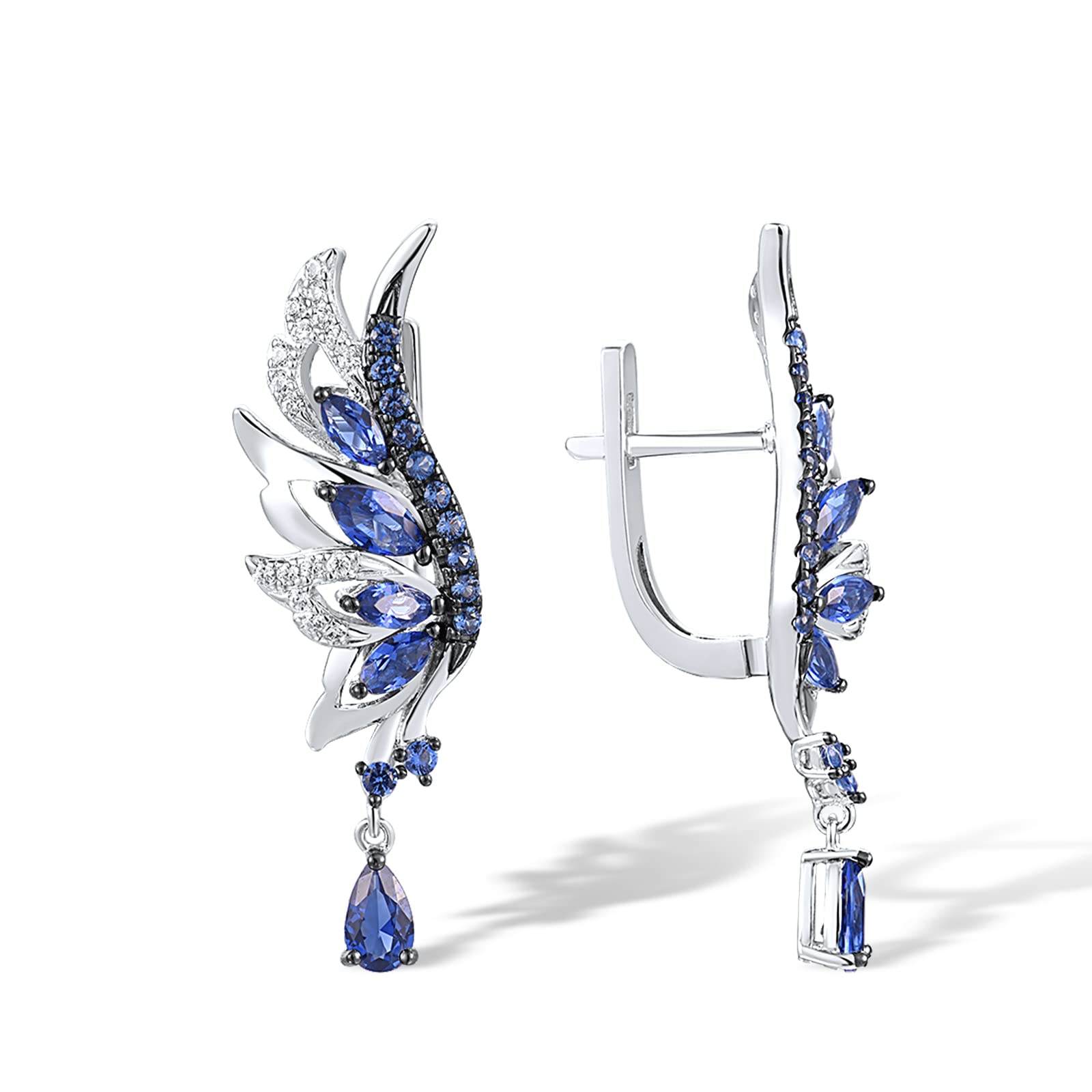 Santuzza 925 Sterling Silver Blue Wings Earrings Blue Nano Cubic Zirconia Angel Wing Dangle Earrings for Women