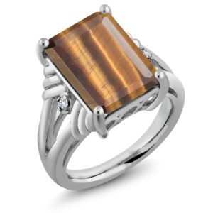 gem stone king 925 sterling silver brown tiger eye and white created sapphire engagement ring for women (6.53 cttw, gemstone birthstone, emerald cut 14x10mm, size 7)